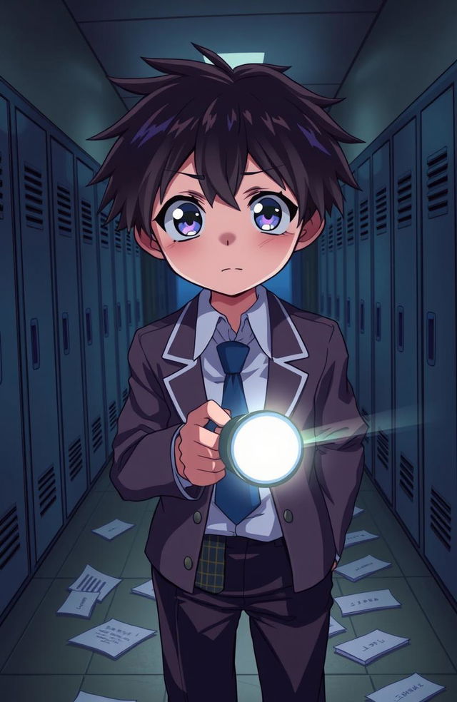 A high school anime boy with short, messy hair and large expressive eyes, standing in a dimly lit hallway, holding a flashlight