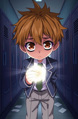 A high school anime boy with short, messy hair and large expressive eyes, standing in a dimly lit hallway, holding a flashlight