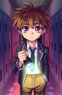 A high school anime boy with short, messy hair and large expressive eyes, standing in a dimly lit hallway, holding a flashlight