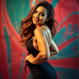 A beautiful woman with a confident stance, wearing a stylish outfit that highlights her curves, standing in a sultry pose against a vibrant backdrop