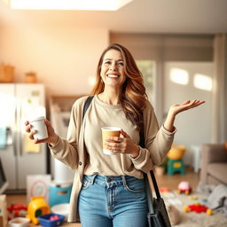 A woman in a modern suburban setting, elegantly balancing her chaotic life as a mother