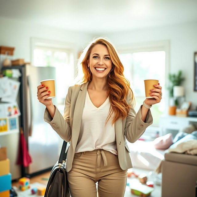 A woman in a modern suburban setting, elegantly balancing her chaotic life as a mother