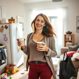 A woman in a modern suburban setting, elegantly balancing her chaotic life as a mother