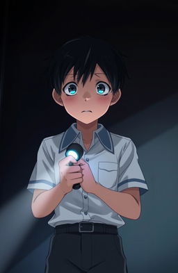 A high school anime boy standing in a dimly lit environment, with a scared expression on his face as he looks forward