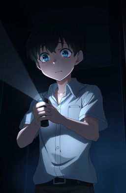 A high school anime boy standing in a dimly lit environment, with a scared expression on his face as he looks forward