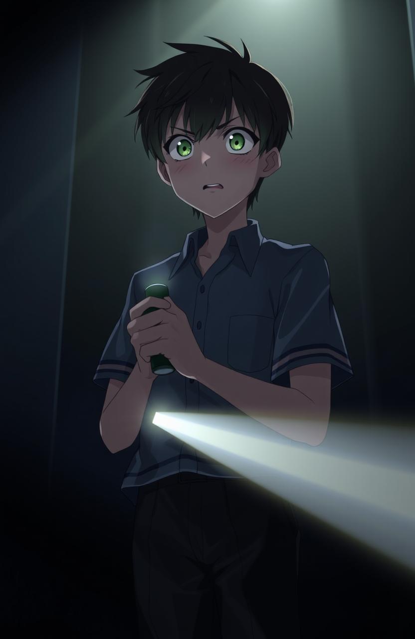 A high school anime boy standing in a dimly lit environment, with a scared expression on his face as he looks forward