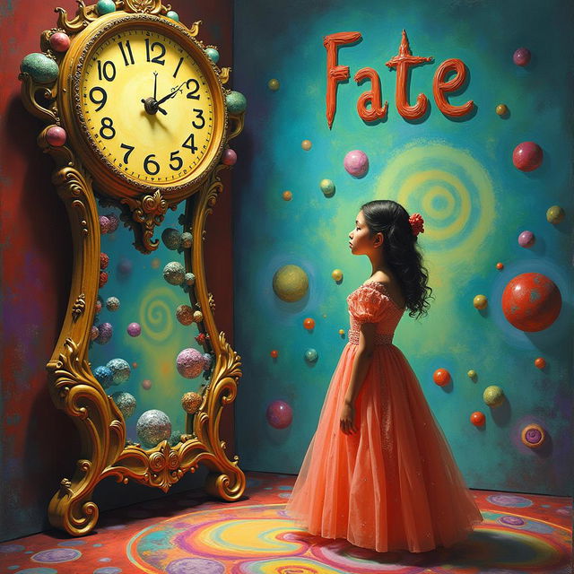 A beautiful, stunning girl with captivating features stands in a vibrant, psychedelic room reminiscent of Salvador Dali's surreal artwork