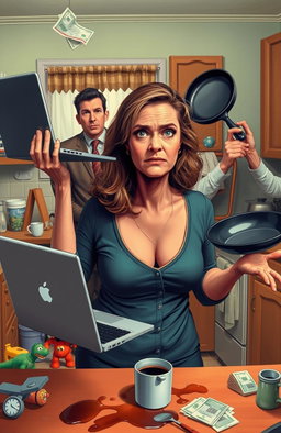 A woman in her 40s juggling various elements of chaos in a domestic setting