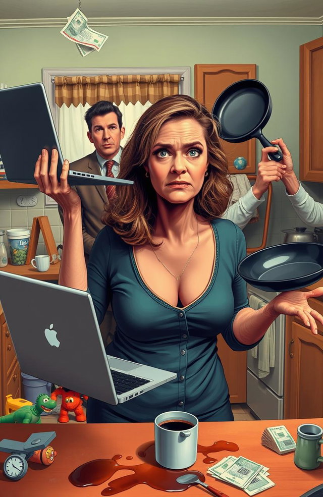 A woman in her 40s juggling various elements of chaos in a domestic setting