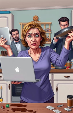 A woman in her 40s juggling various elements of chaos in a domestic setting