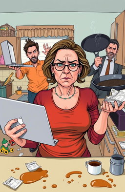 A woman in her 40s juggling various elements of chaos in a domestic setting