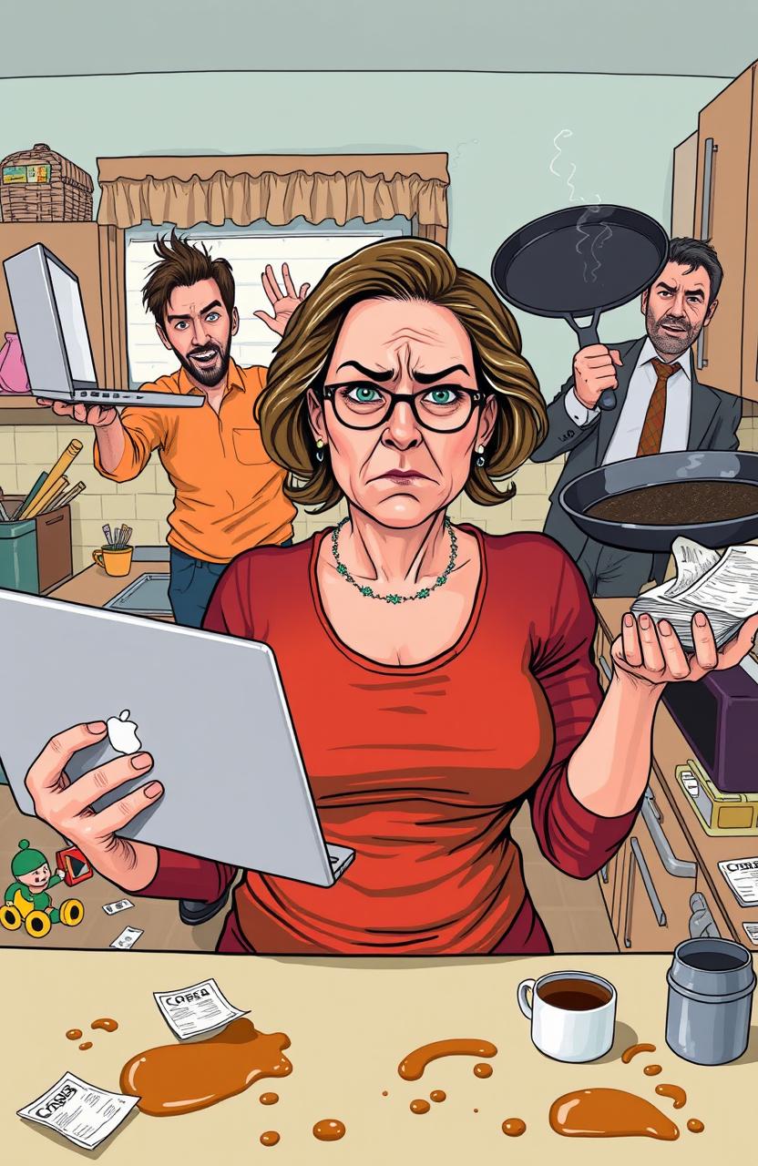 A woman in her 40s juggling various elements of chaos in a domestic setting