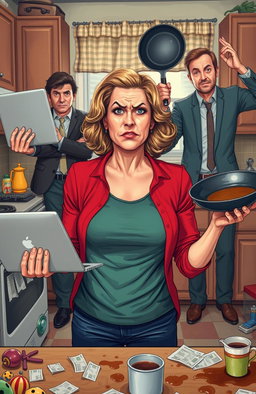 A woman in her 40s juggling various elements of chaos in a domestic setting