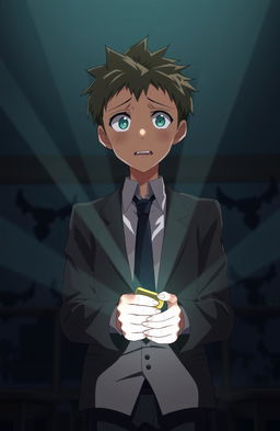 A tall anime high school boy standing in a dimly lit scene, looking directly at the viewer with a scared expression on his face