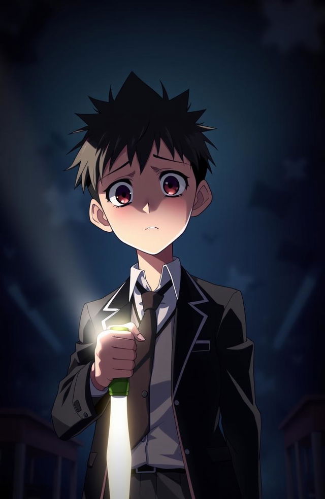 A tall anime high school boy standing in a dimly lit scene, looking directly at the viewer with a scared expression on his face