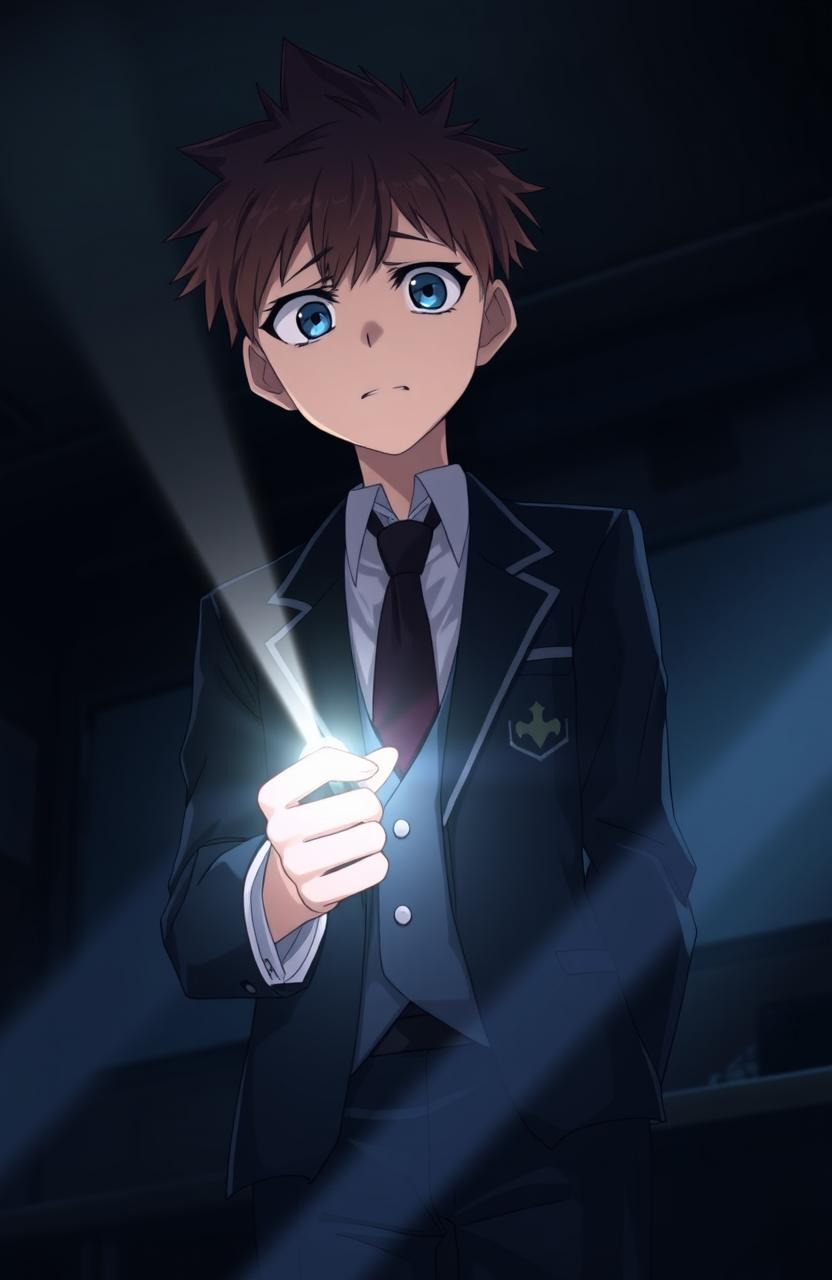 A tall anime high school boy standing in a dimly lit scene, looking directly at the viewer with a scared expression on his face