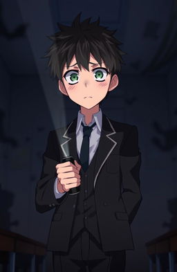 A tall anime high school boy standing in a dimly lit scene, looking directly at the viewer with a scared expression on his face