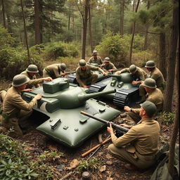 A tense yet strategic scene illustrating soldiers setting up fake military equipment during a wartime operation