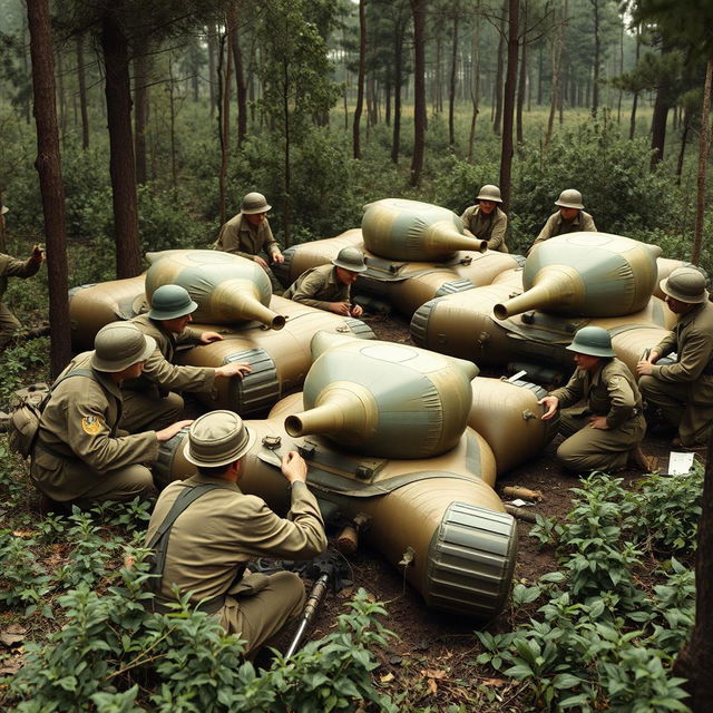 A tense yet strategic scene illustrating soldiers setting up fake military equipment during a wartime operation