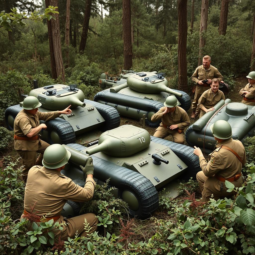 A tense yet strategic scene illustrating soldiers setting up fake military equipment during a wartime operation