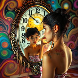 A beautiful, stunning girl with enchanting features stands in a psychedelic room reminiscent of Salvador Dali's surreal style