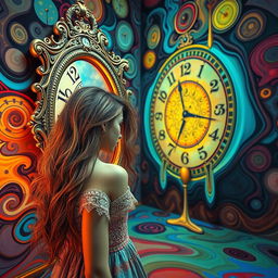 A beautiful, stunning girl with enchanting features stands in a psychedelic room reminiscent of Salvador Dali's surreal style