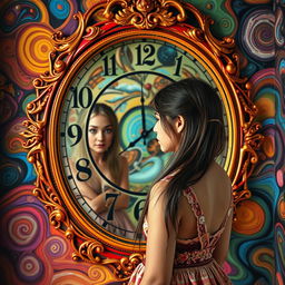 A beautiful, stunning girl with enchanting features stands in a psychedelic room reminiscent of Salvador Dali's surreal style