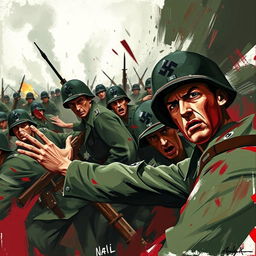 An artistic representation capturing the chaos and confusion experienced by Nazi soldiers during a battle scenario