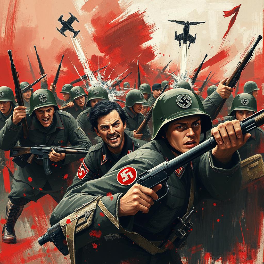 An artistic representation capturing the chaos and confusion experienced by Nazi soldiers during a battle scenario