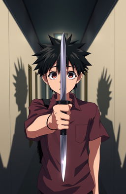 A tall anime high school boy standing in a dramatic pose, looking directly at the viewer with a scared expression on his face
