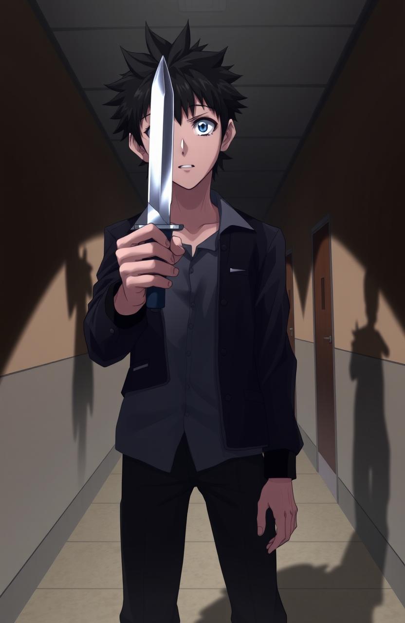 A tall anime high school boy standing in a dramatic pose, looking directly at the viewer with a scared expression on his face