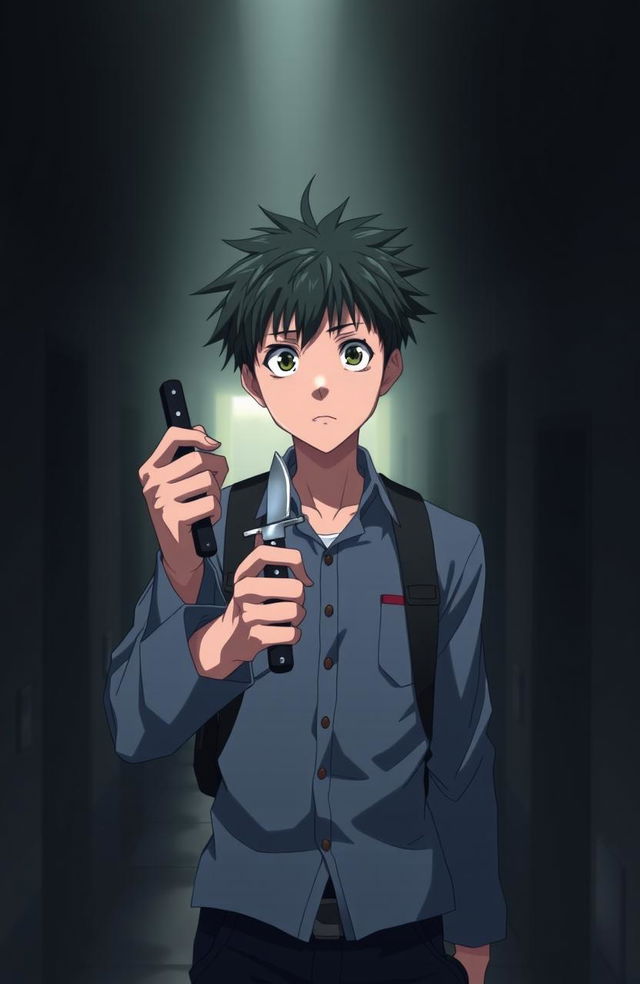 A tall anime high school boy standing in a dramatic pose, looking directly at the viewer with a scared expression on his face