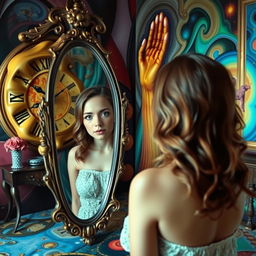 A beautiful, stunning girl gazing into a mirror in a psychedelic room inspired by Salvador Dali, featuring surreal elements