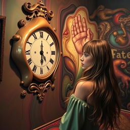 A beautiful, stunning girl gazing into a mirror in a psychedelic room inspired by Salvador Dali, featuring surreal elements