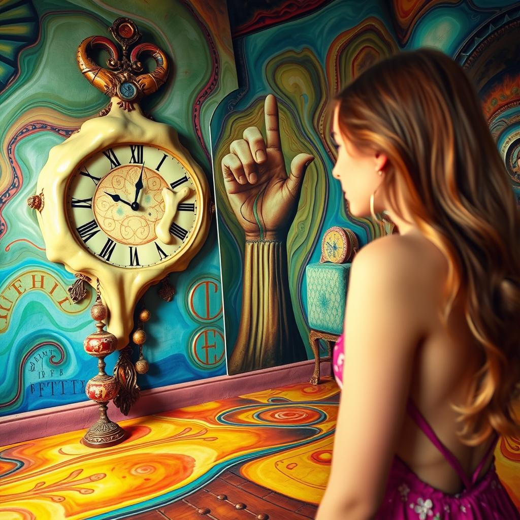 A beautiful, stunning girl gazing into a mirror in a psychedelic room inspired by Salvador Dali, featuring surreal elements