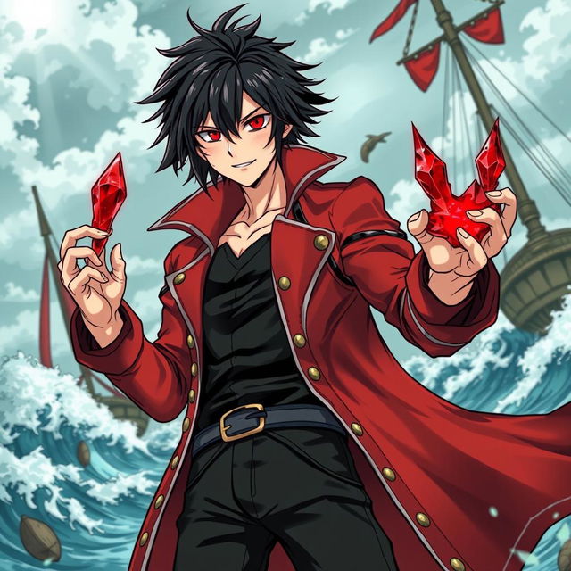 A male pirate character in an action-packed manga art style, featuring shaggy black hair and striking red eyes