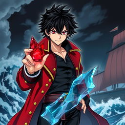 A male pirate character in an action-packed manga art style, featuring shaggy black hair and striking red eyes