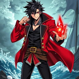 A male pirate character in an action-packed manga art style, featuring shaggy black hair and striking red eyes