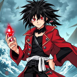 A male pirate character in an action-packed manga art style, featuring shaggy black hair and striking red eyes