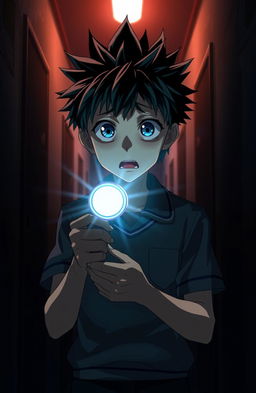 A tall anime high school boy with distinct spiky hair, dressed in a standard Japanese school uniform, standing in a dimly lit hallway