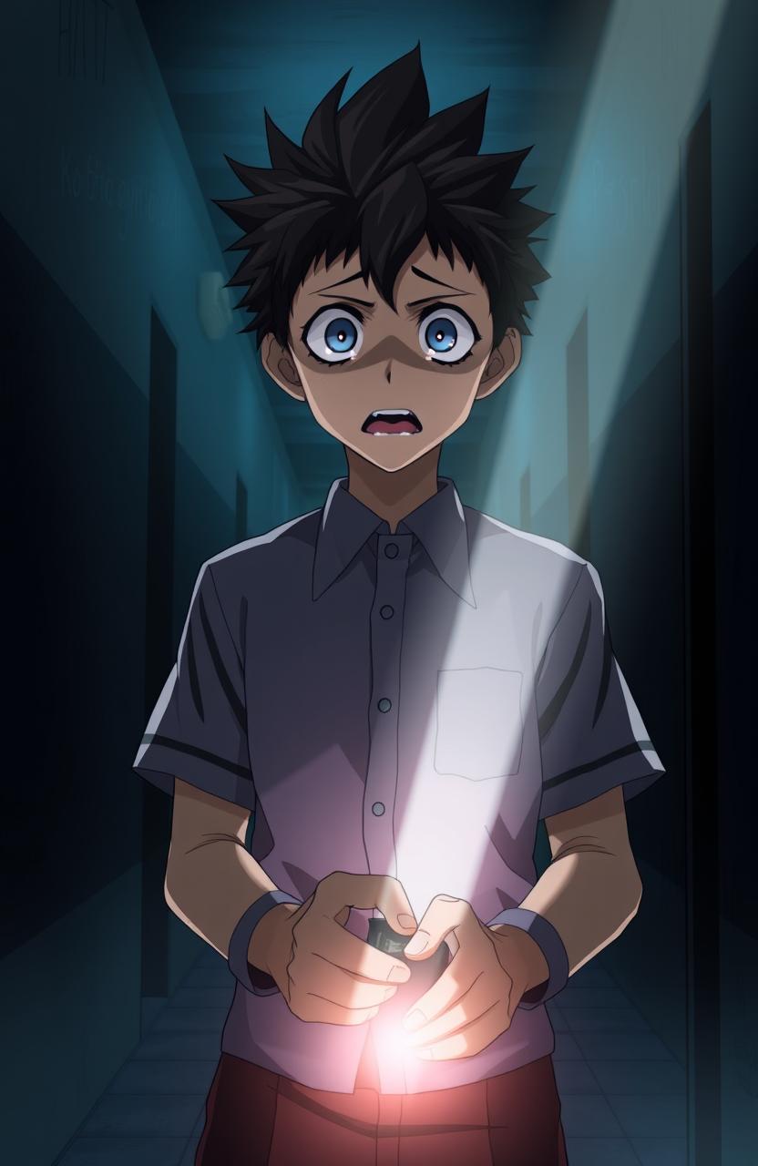 A tall anime high school boy with distinct spiky hair, dressed in a standard Japanese school uniform, standing in a dimly lit hallway