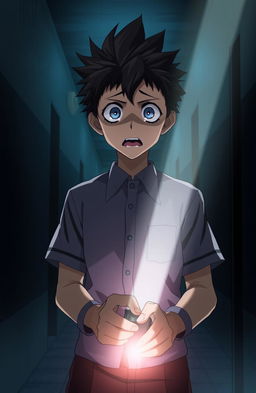 A tall anime high school boy with distinct spiky hair, dressed in a standard Japanese school uniform, standing in a dimly lit hallway