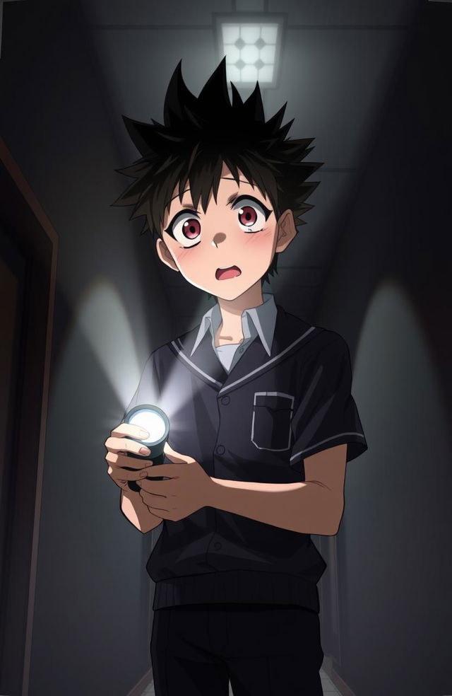 A tall anime high school boy with distinct spiky hair, dressed in a standard Japanese school uniform, standing in a dimly lit hallway