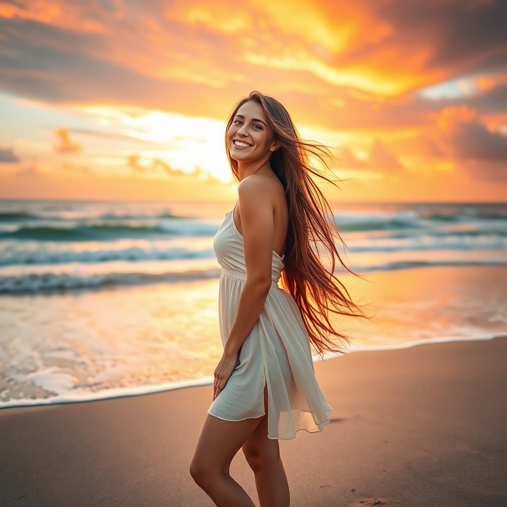 A beautiful woman with long flowing hair, wearing a stylish summer dress, standing on a sunlit beach during sunset