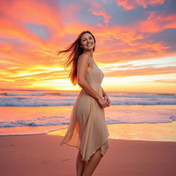 A beautiful woman with long flowing hair, wearing a stylish summer dress, standing on a sunlit beach during sunset