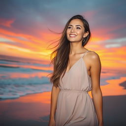 A beautiful woman with long flowing hair, wearing a stylish summer dress, standing on a sunlit beach during sunset