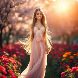A stunning female figure standing gracefully in a vibrant, sunlit garden, surrounded by colorful flowers
