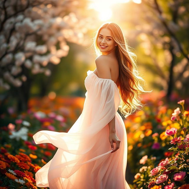 A stunning female figure standing gracefully in a vibrant, sunlit garden, surrounded by colorful flowers