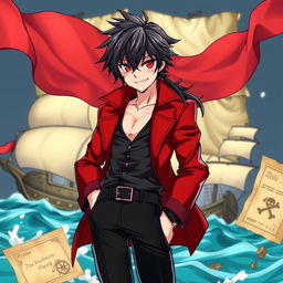 A male pirate character illustrated in a captivating manga art style, showcasing shaggy black hair and intense red eyes