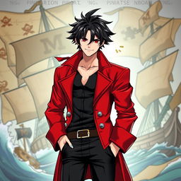 A male pirate character illustrated in a captivating manga art style, showcasing shaggy black hair and intense red eyes